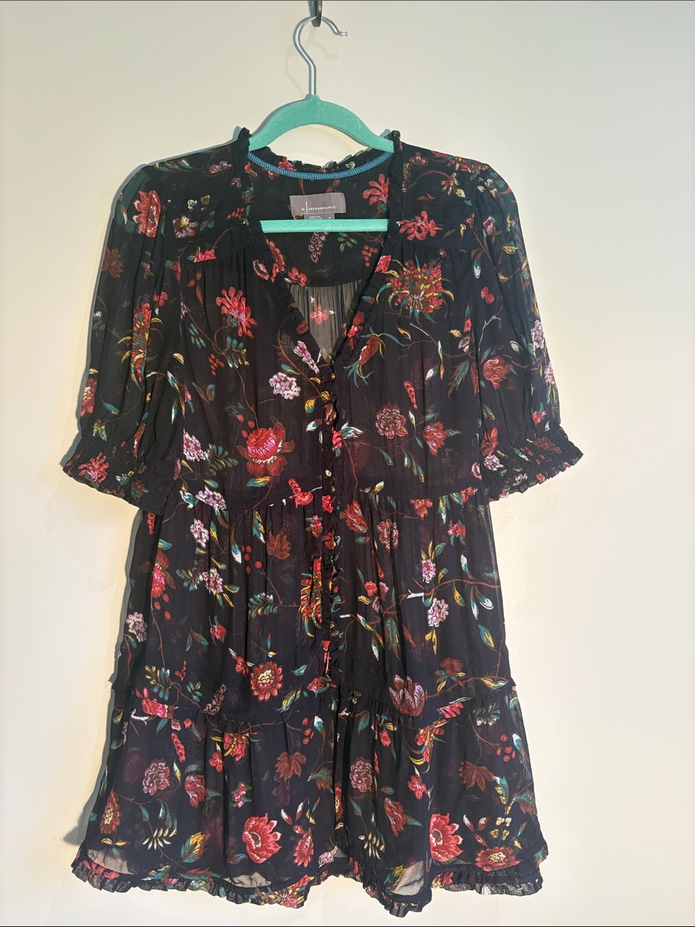 Anthropologie Black Floral Ruffle Mini Dress